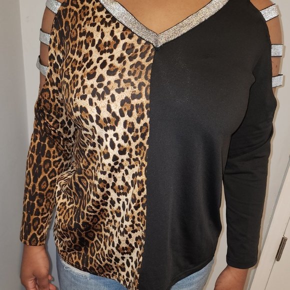 OC Order Plus Large open shoulder black & cheetah print Shirt Blouse NWT - Picture 5 of 14